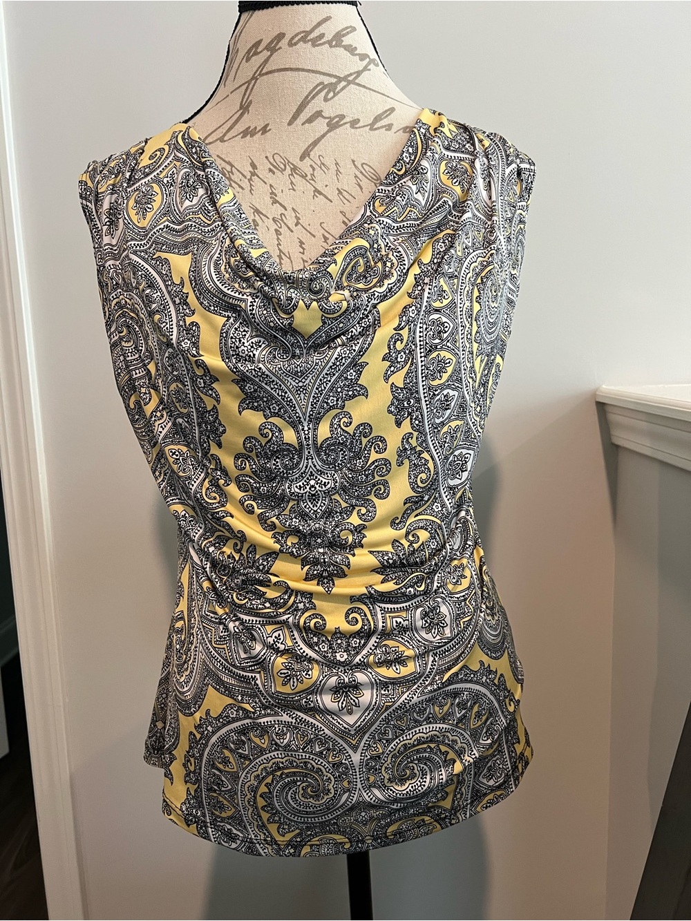 Draped Cowl Neck Paisley Blouse in Yellow